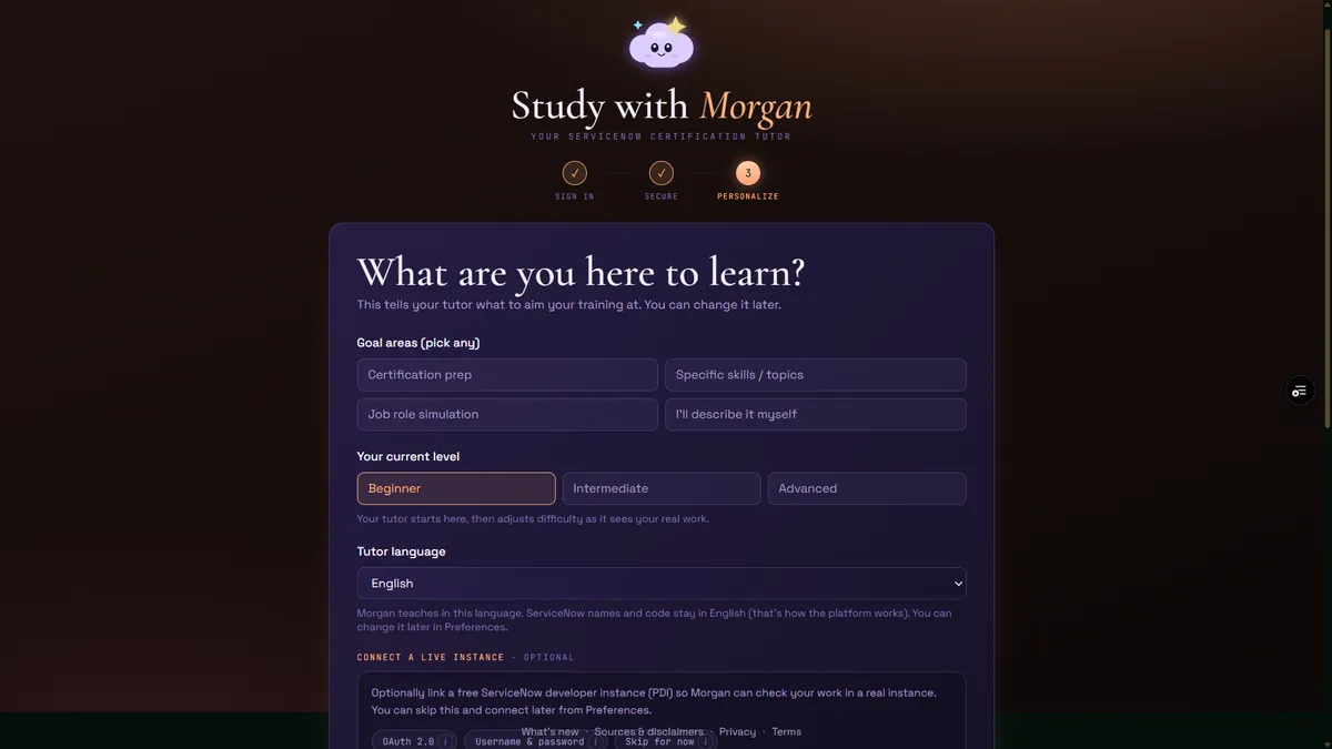 The Study with Morgan setup screen